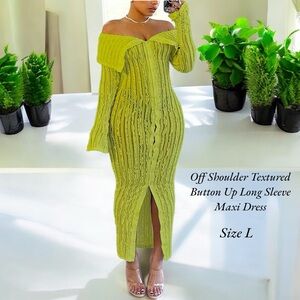 Off Shoulder Textured Button Up Long Sleeve Maxi Dress
